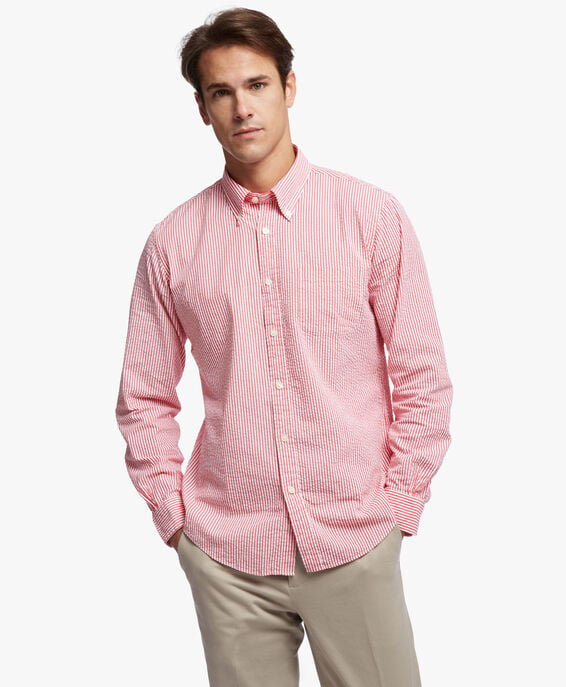 Brooks Brothers Camisa de sport corte regular Regent, seersucker elástico, cuello button-down Rayas rojas 1000087982US100182556