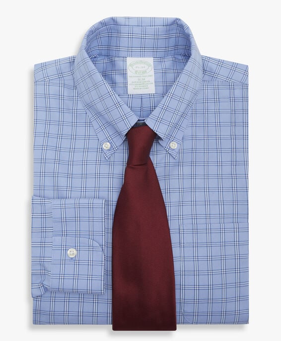 Brooks Brothers Camisa azul slim fit non-iron de algodón elástico con cuello button down Azul abierto 1000095216US100199737