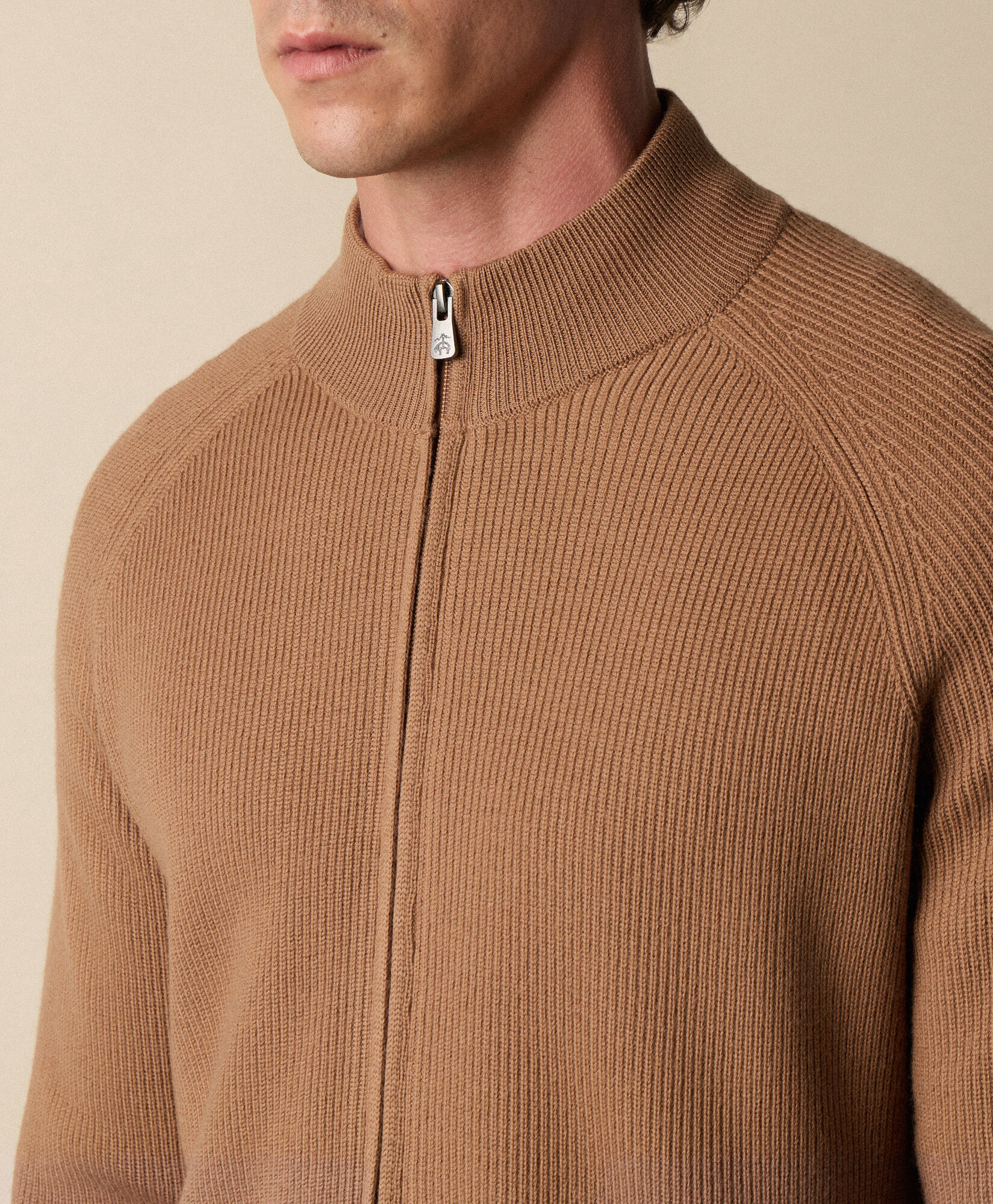 Brooks Brothers Full Zip Merino Wool Sweater Camel KNFLZ010WOPWO002CAMEP001