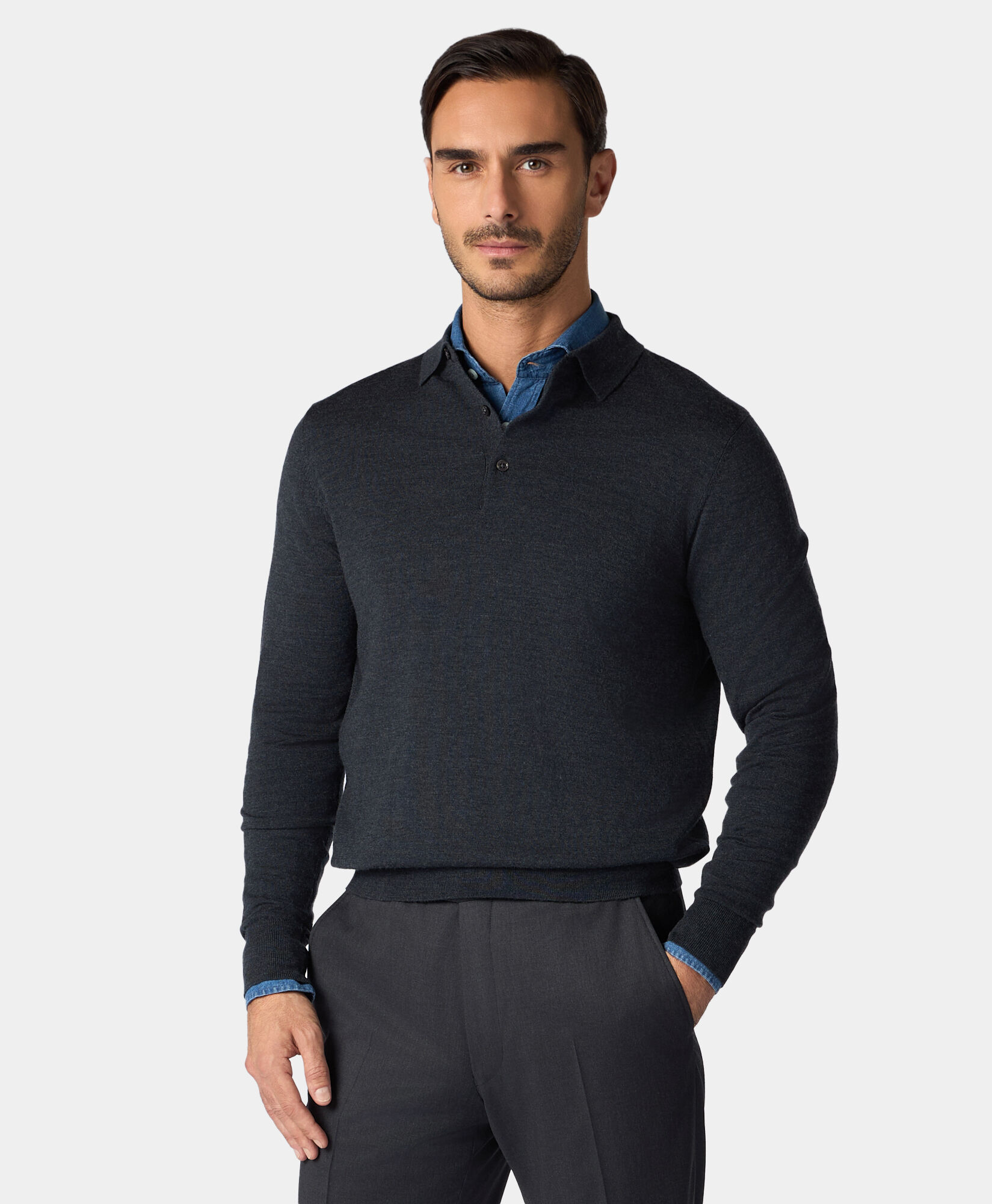 Brooks Brothers Merino Wool Polo Sweater Dark Grey KNPOL010WOPWO006DKGRP001