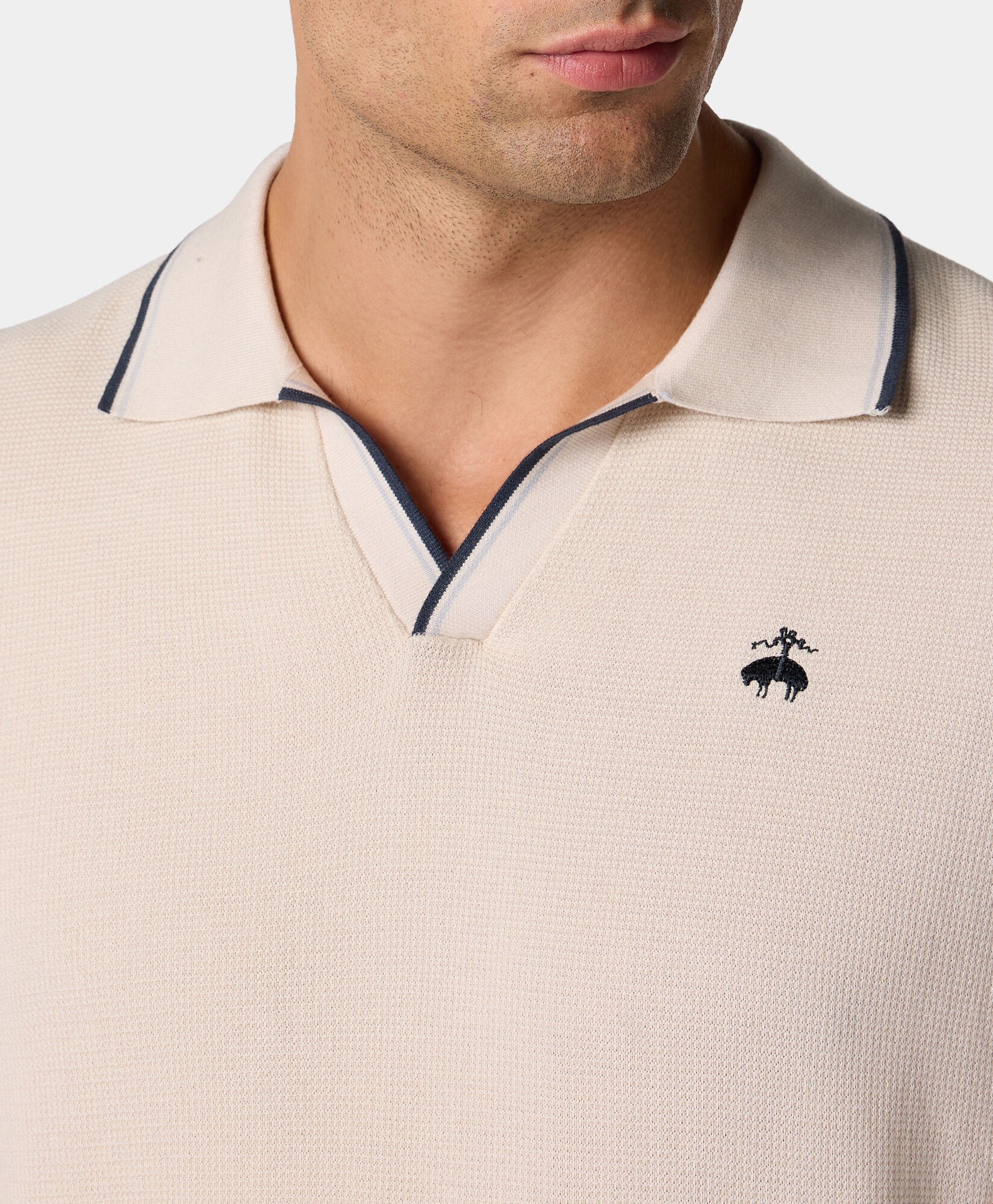 Brooks Brothers Cotton Waffle-Knit Polo with Johnny Collar Sand KNPOL016COPCO001SANDP001