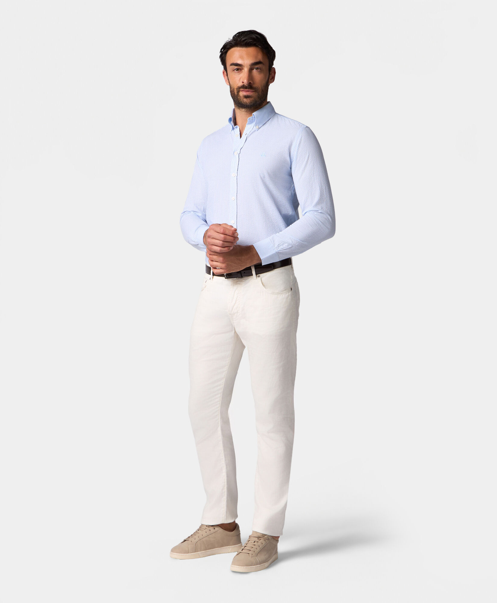 Brooks Brothers Slim Fit Striped Seersucker Button Down Shirt Sky CSHBD013COPCO001SKYF0001