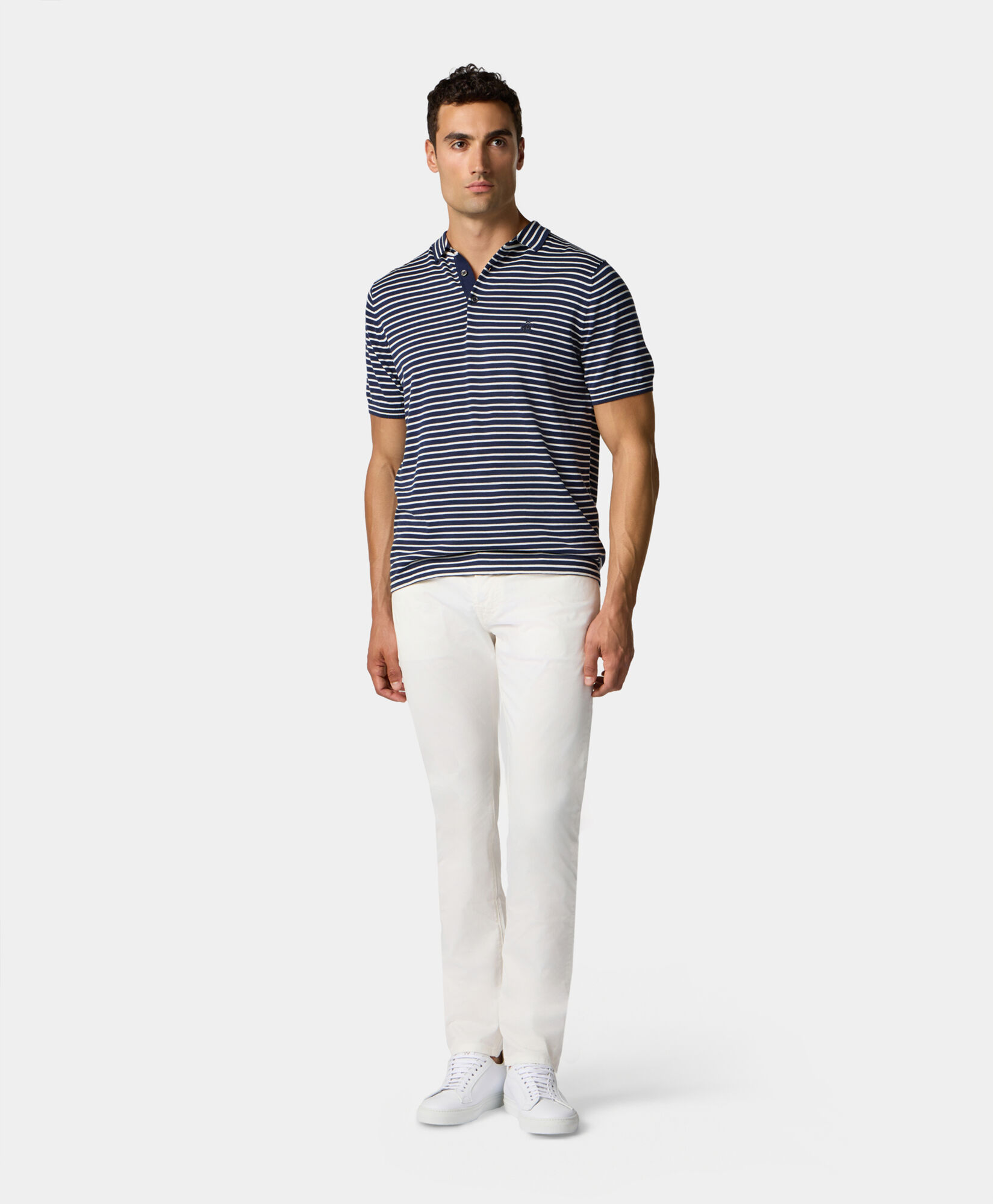 Brooks Brothers Striped Cotton-Silk-Linen Knit Polo Blue KNPOL014COBSE001BLUEF001