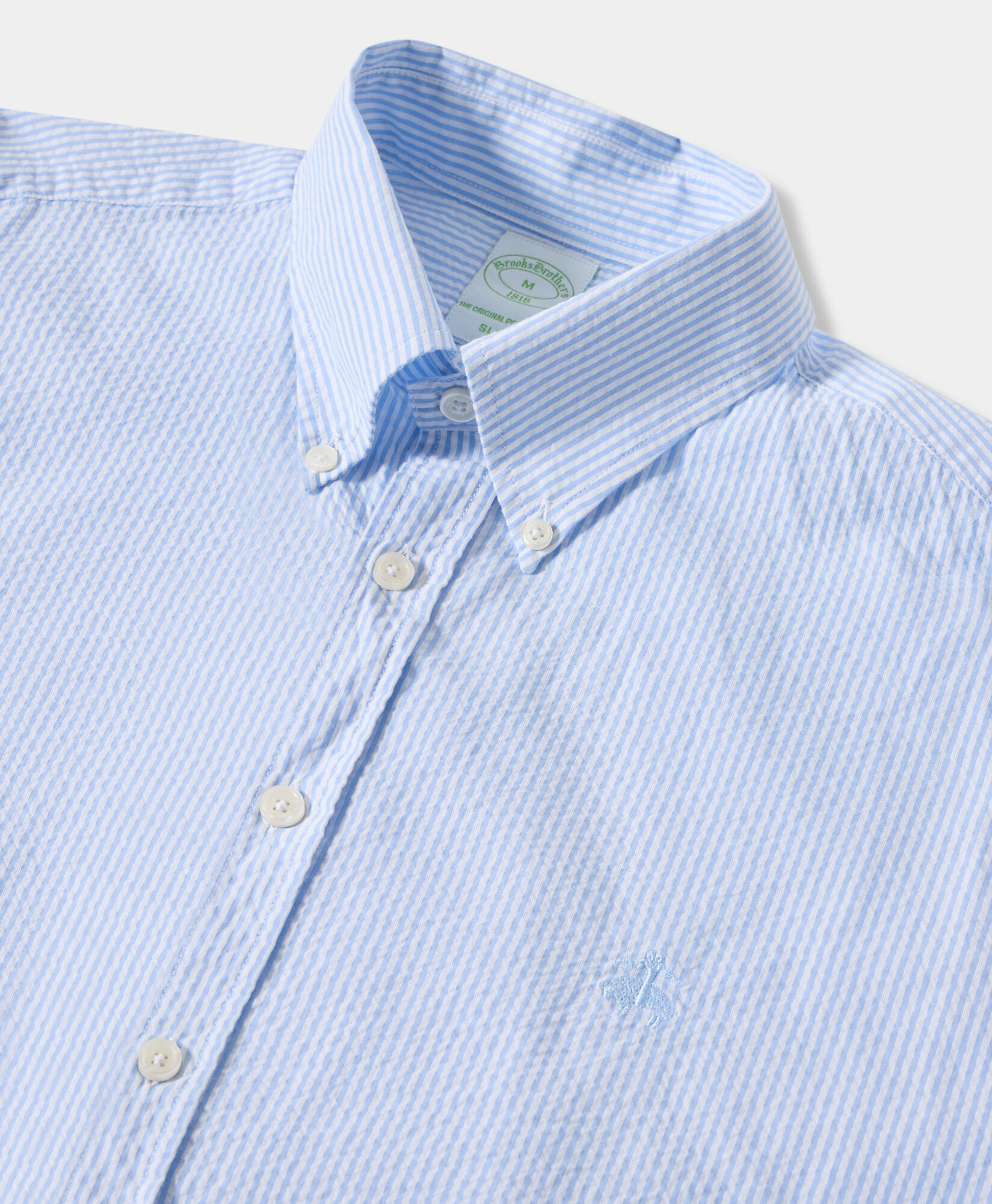Brooks Brothers Slim Fit Striped Seersucker Button Down Shirt Sky CSHBD013COPCO001SKYF0001