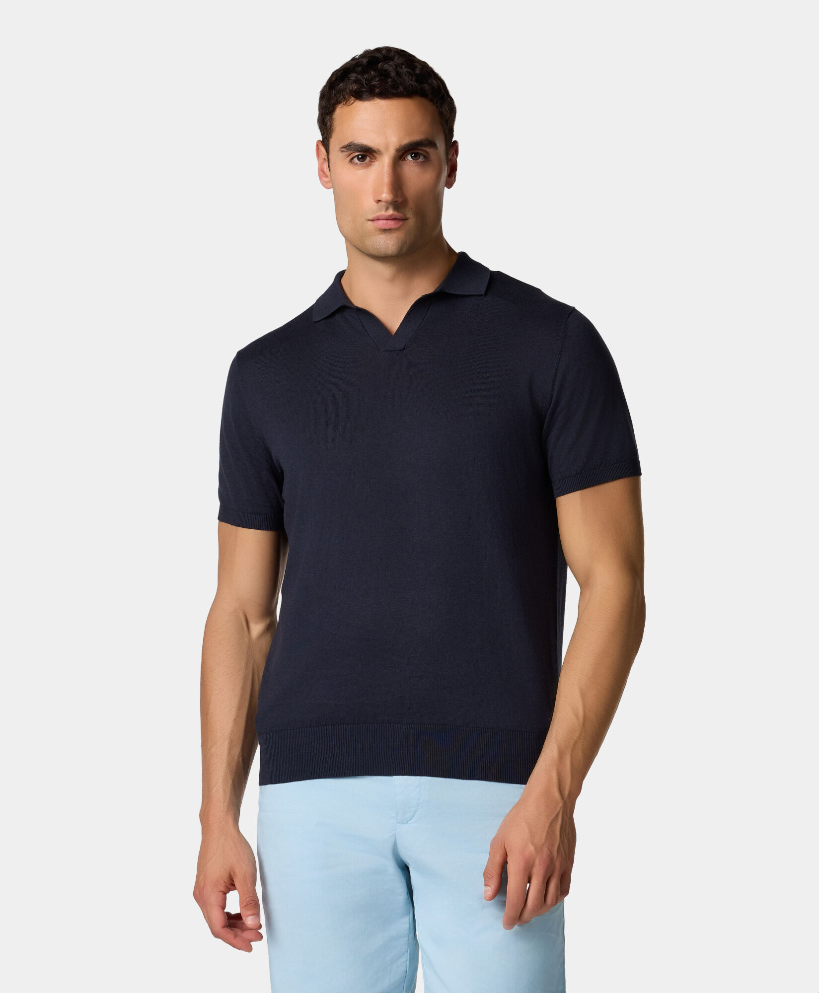 Brooks Brothers Organic Cotton-Linen Knit Polo with Johnny Collar Navy KNPOL018COBLI004NAVYP001