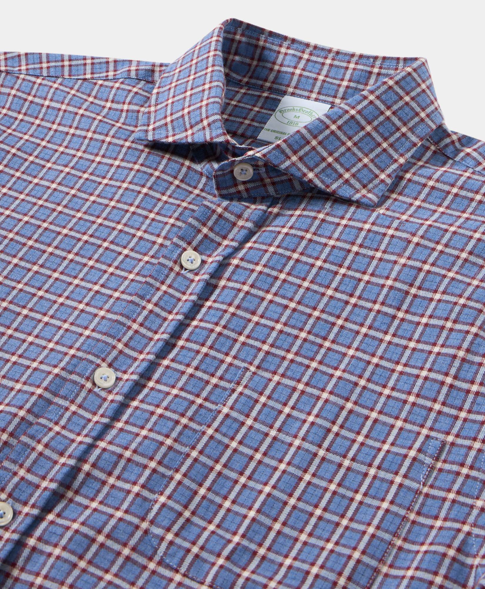 Brooks Brothers Slim Fit Checked Cotton Flannel Shirt with Spread Collar Light Blue CSHSP013COPCO001LTBLF001