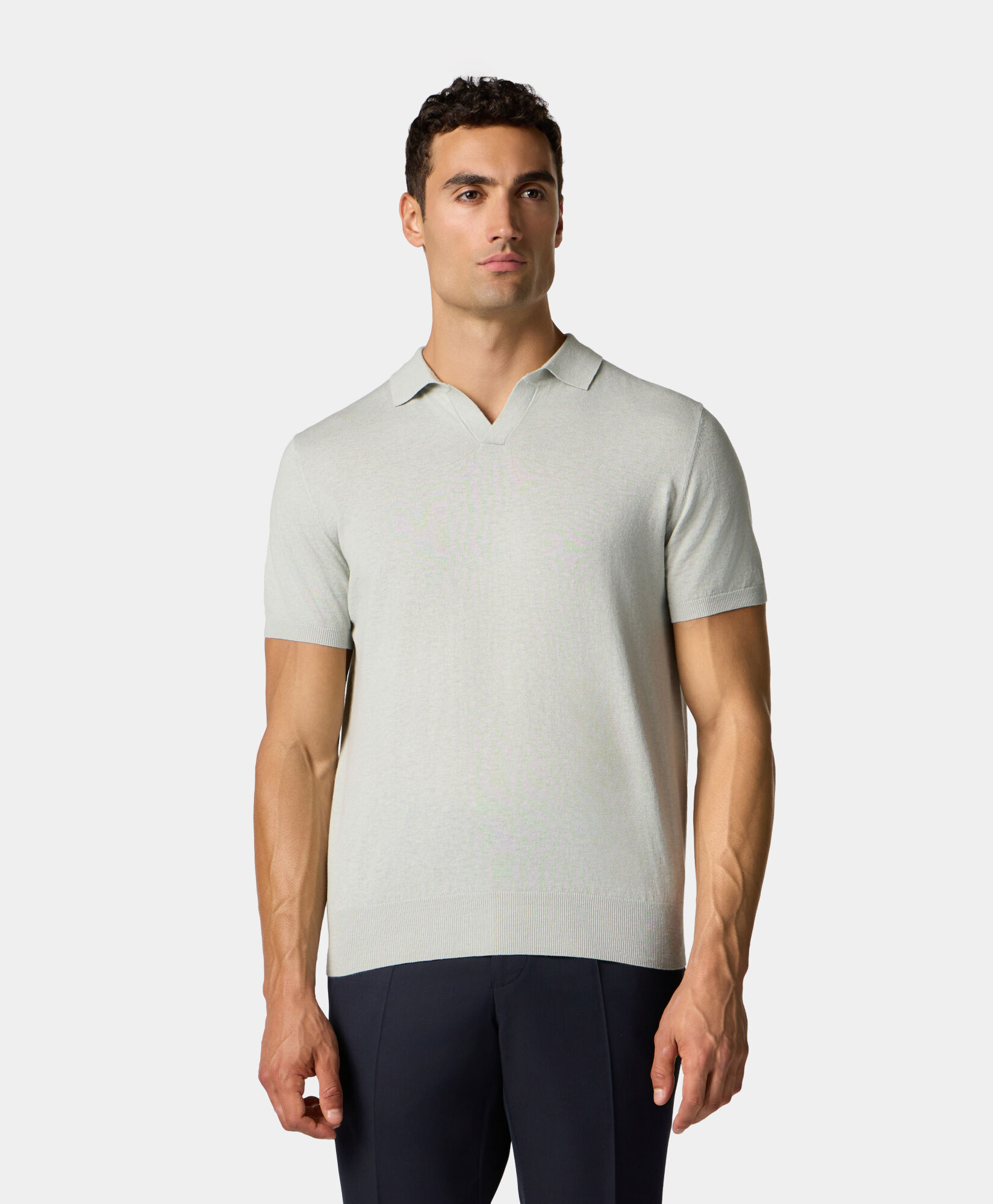 Brooks Brothers Organic Cotton-Linen Knit Polo with Johnny Collar Teal KNPOL018COBLI004TEALP001