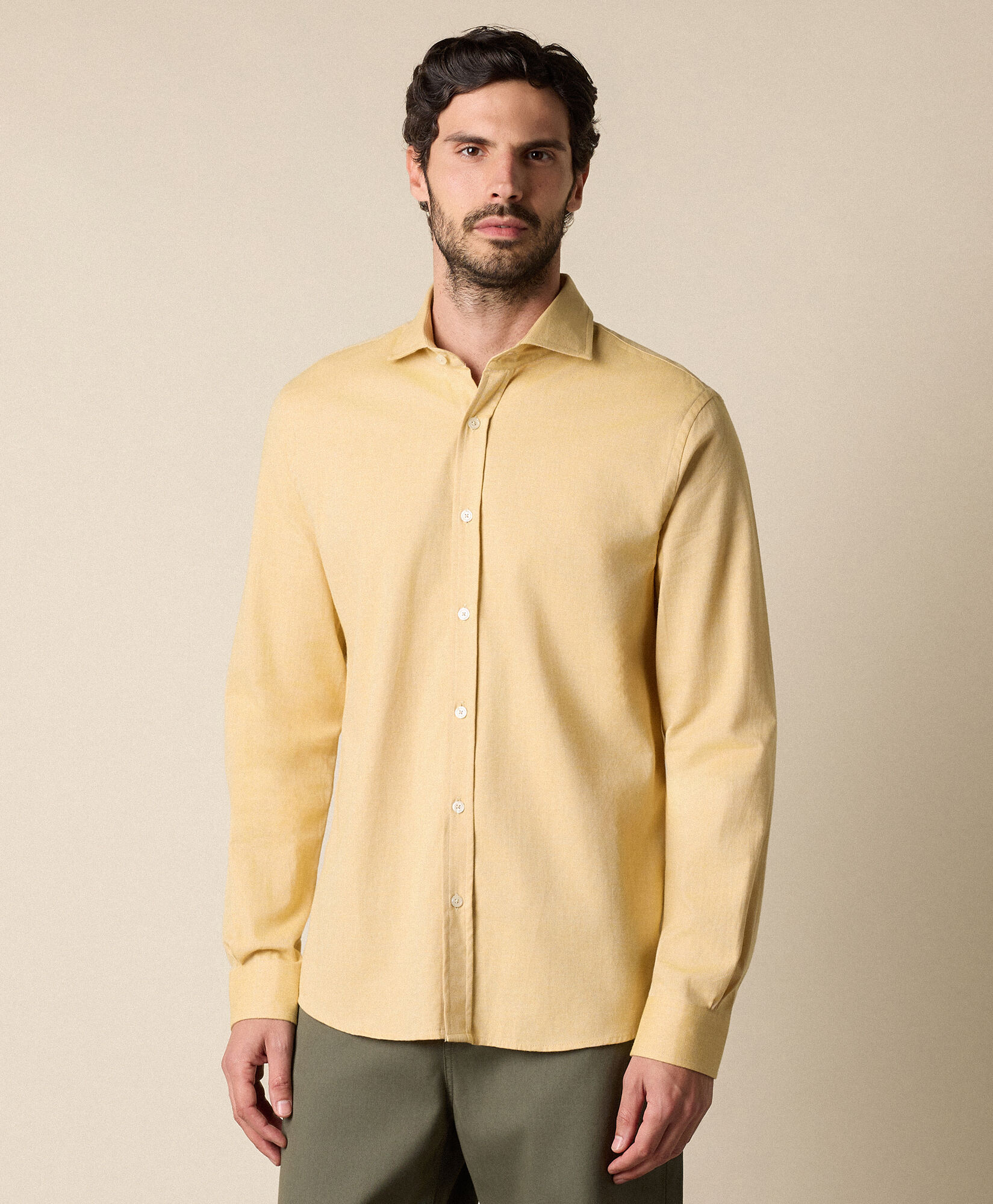 Brooks Brothers Slim Fit Melange Cotton Flannel Shirt with Spread Collar Ochre CSHSP011COPCO001YELLP002
