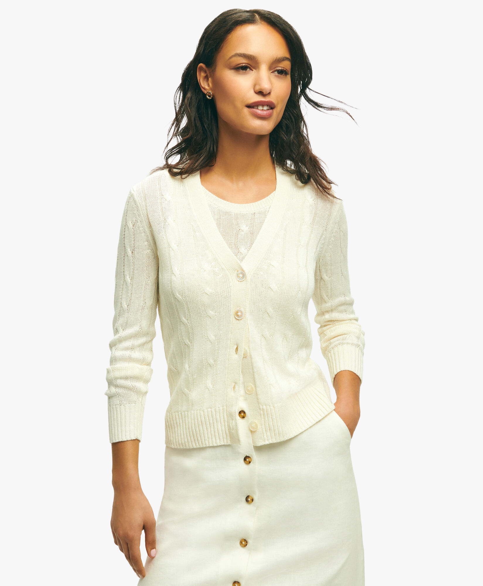 White Linen Cable Knit Cardigan in White for Women Brooks Brothers EU