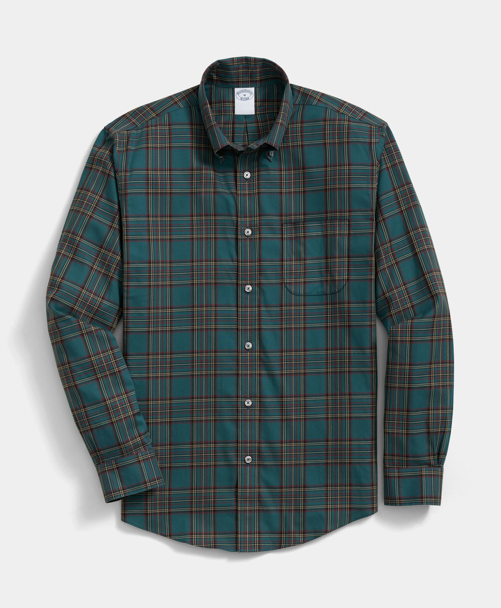 Brooks Brothers Slim Fit Non-Iron Plaid Stretch Twill Shirt with Button Down Collar Green 1000105959US100224457