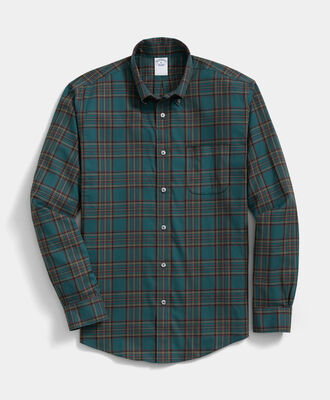 Brooks Brothers Slim Fit Non-Iron Plaid Stretch Twill Shirt with Button Down Collar Green 1000105959US100224457