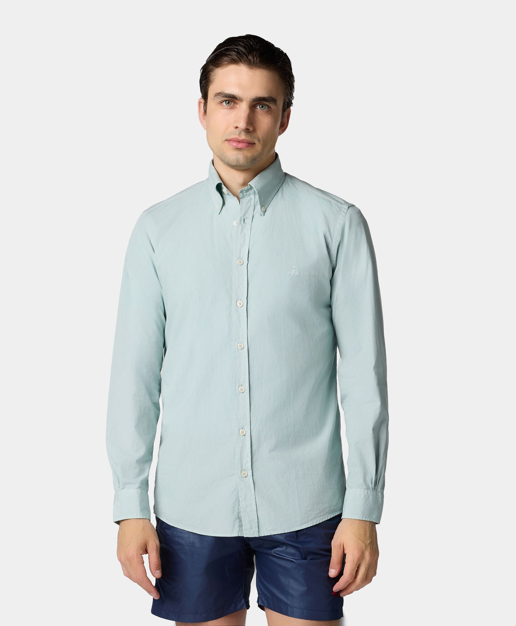 Brooks Brothers Chemise Slim Fit en Coton Teintée à la Garment avec Col Button Down Sauge CSHBD012COPCO001SAGEP001