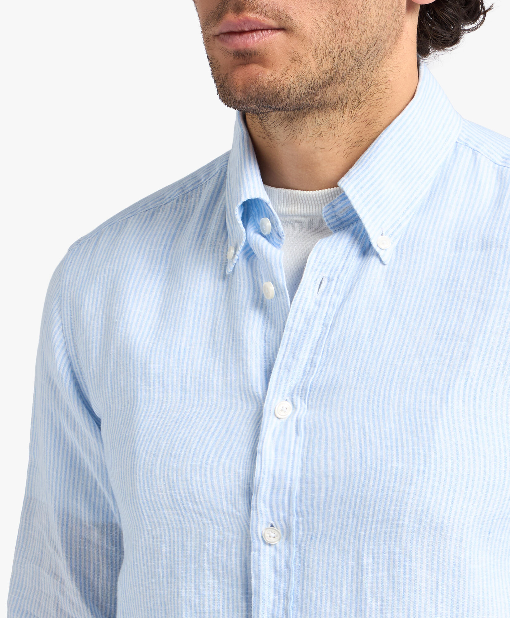 Brooks Brothers Slim Fit Striped Linen Button Down Shirt Light Blue CSHBD006LIPLI001LTBLF001