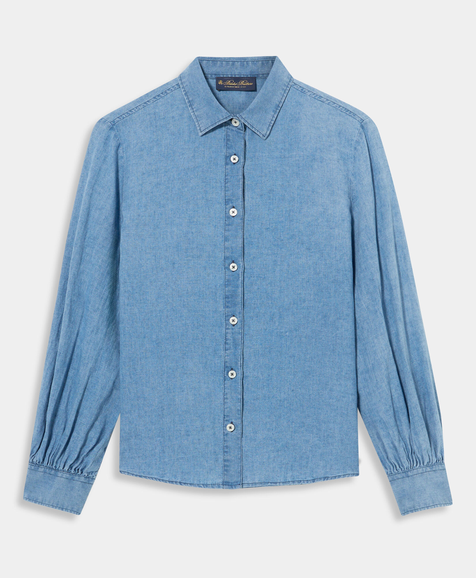 Brooks Brothers Regular Fit Chambray Cotton Linen Balloon-Sleeve Shirt Light Blue CSHBL001LIBCO001LTBLP001