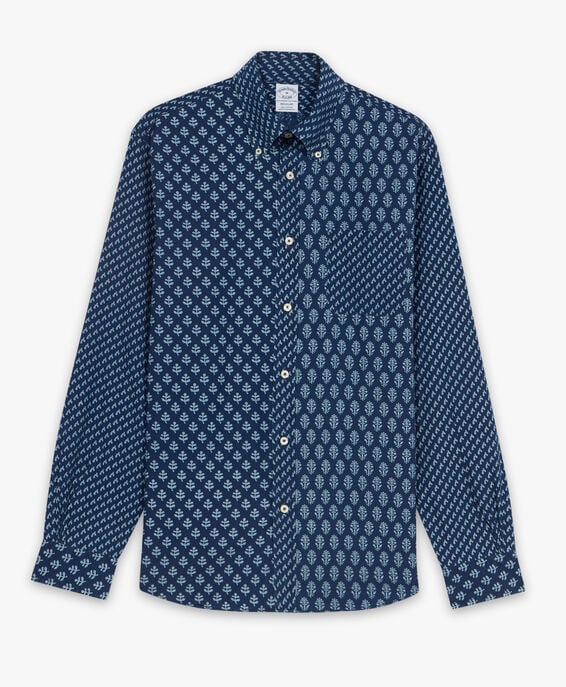 Brooks Brothers Indigo Print Cotton Poplin Sport Shirt with Button Down Collar Indigo 1000098551US100207897