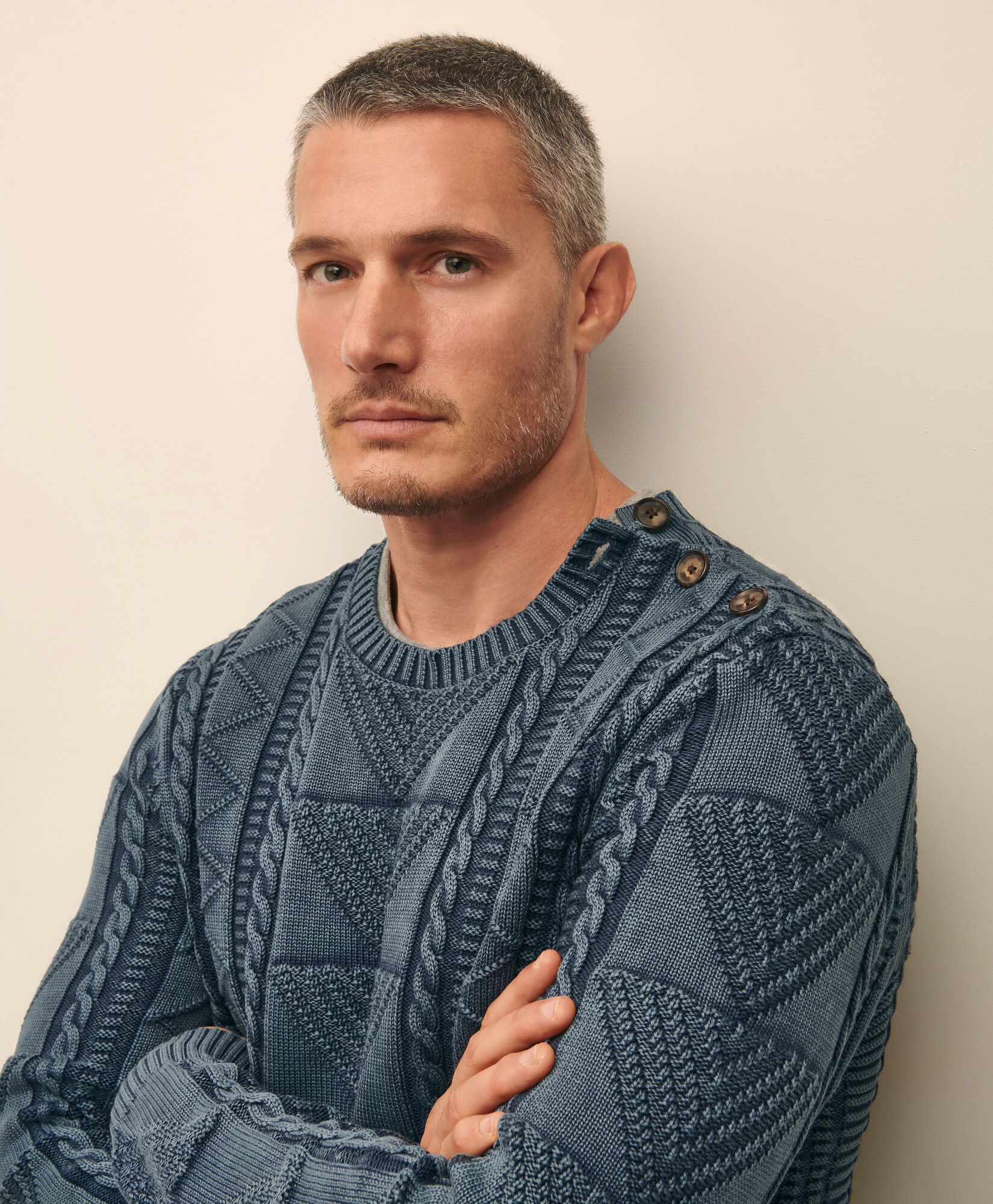 Brooks Brothers Cotton Crewneck with Horn Buttons Navy 1000103364US100218852