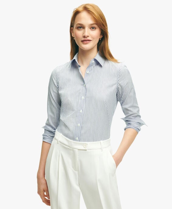 Brooks Brothers Camisa de vestir entallada non-iron en lúrex de algodón a rayas Azul, blanco y plata 1000098313US100207260