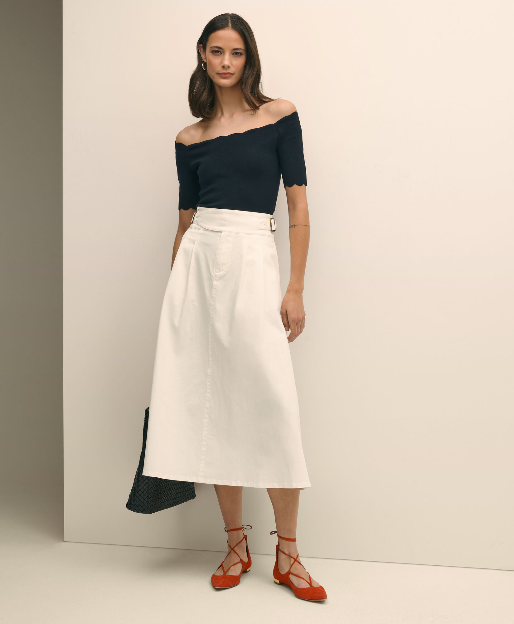 Brooks Brothers Belted A-Line Twill Pleated Skirt White 1000102995US100217962