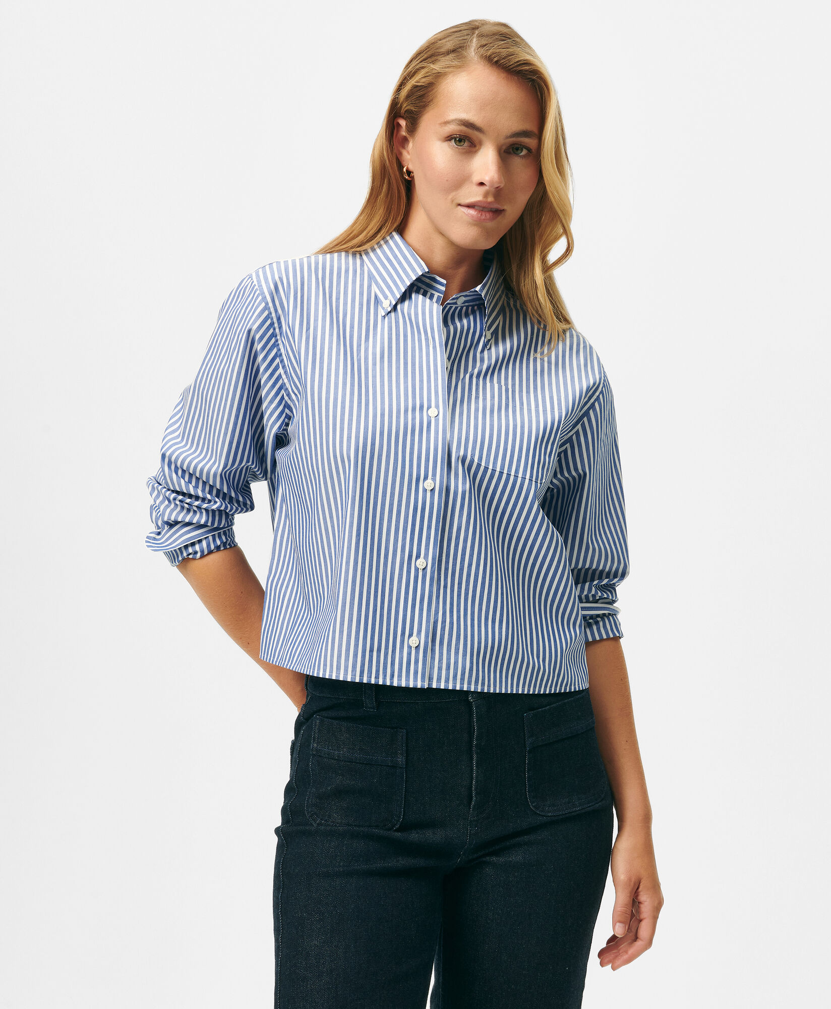 Brooks Brothers Cropped Striped Cotton Poplin Shirt Blue 1000103016US100219411
