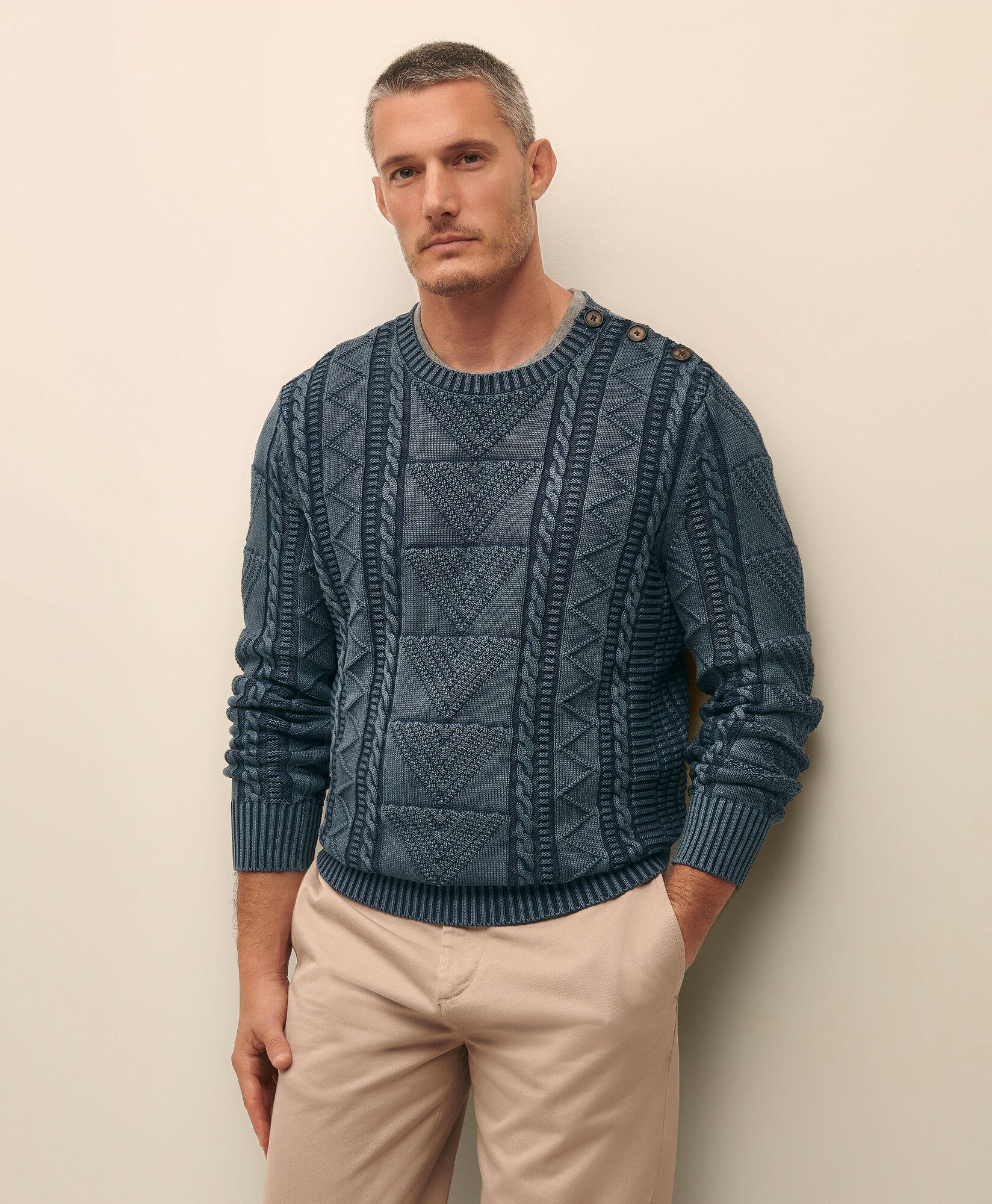 Brooks Brothers Cotton Crewneck with Horn Buttons Navy 1000103364US100218852