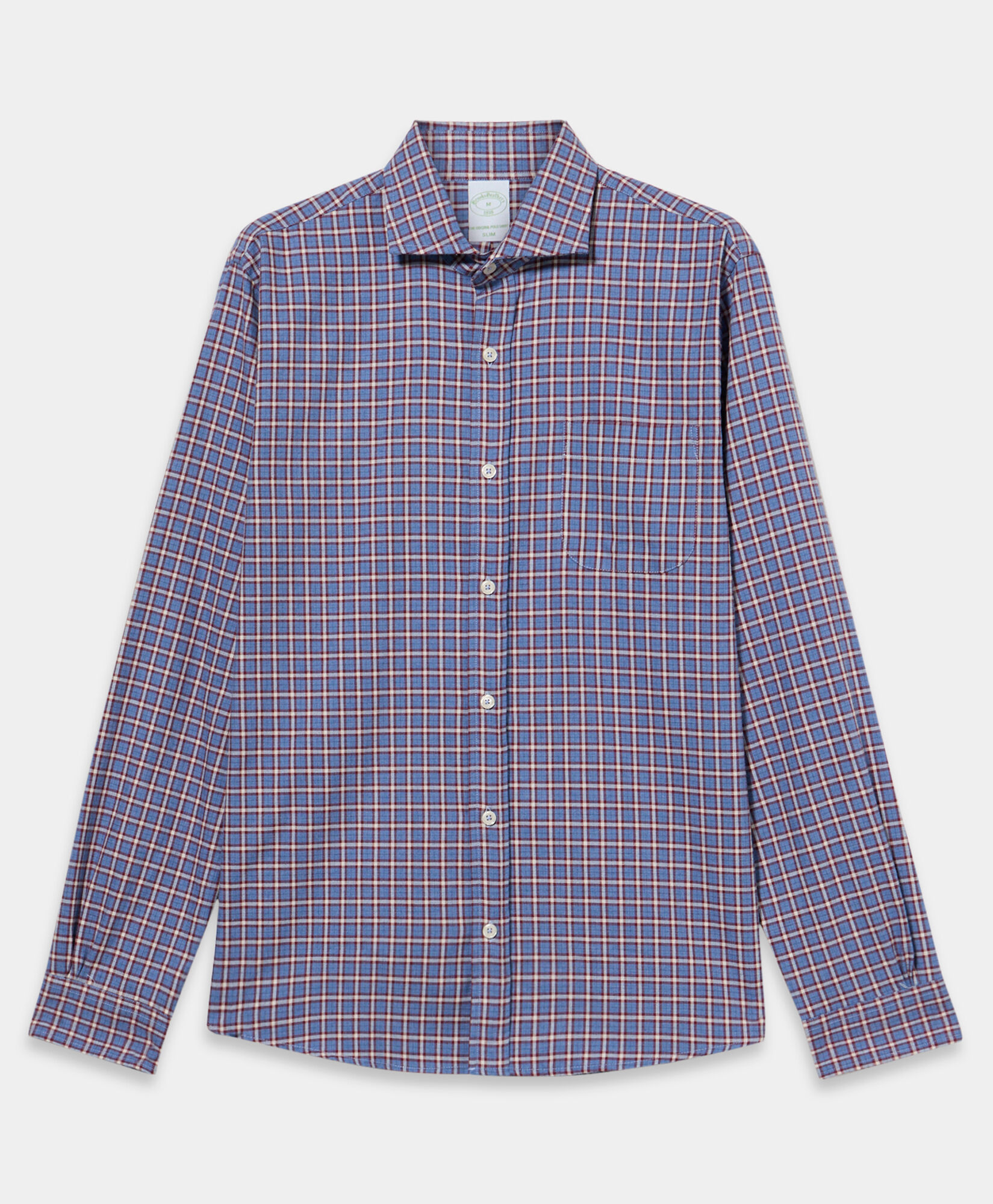 Brooks Brothers Slim Fit Checked Cotton Flannel Shirt with Spread Collar Light Blue CSHSP013COPCO001LTBLF001