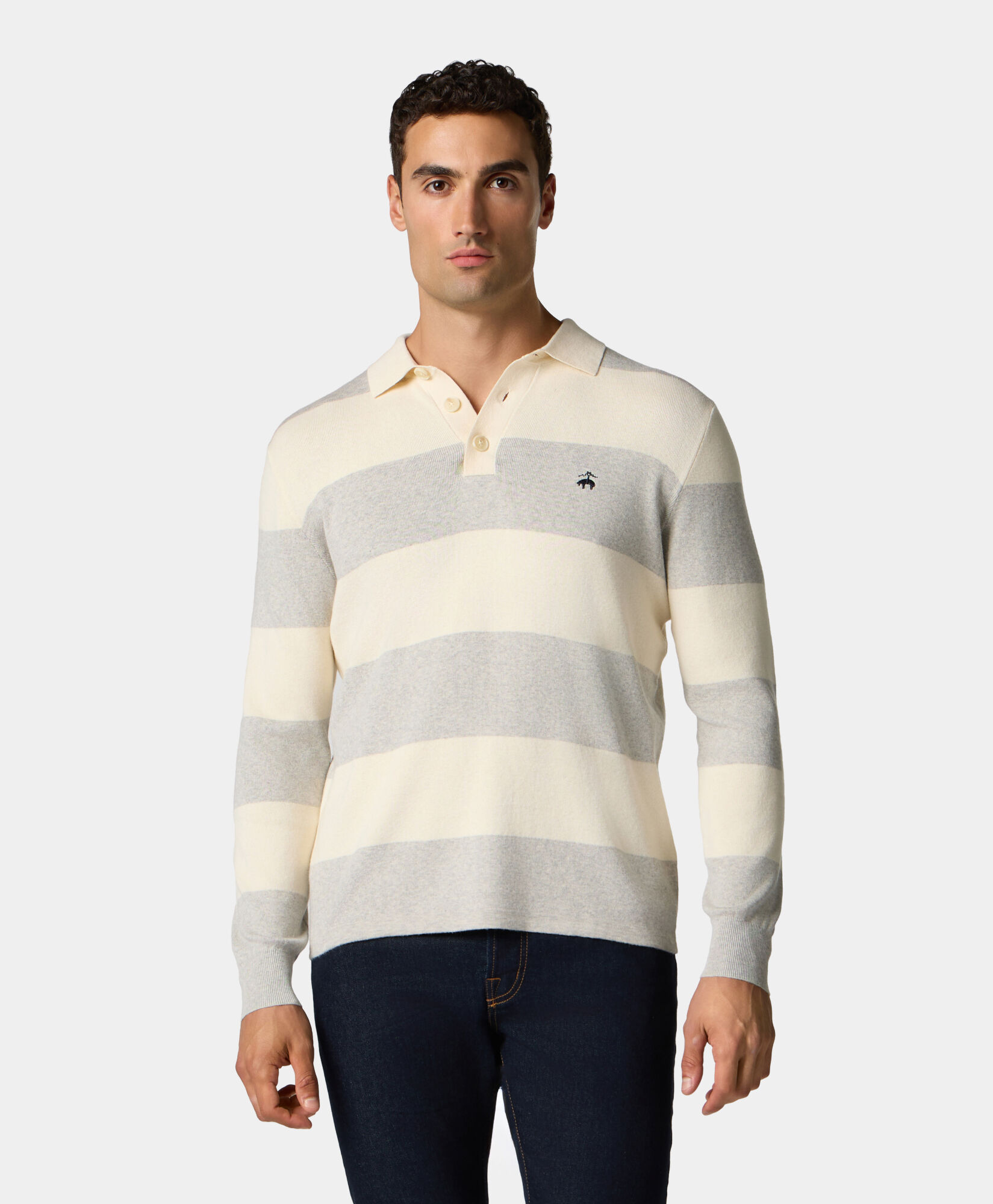Brooks Brothers Striped Cotton-Cashmere Rugby Knit Polo Light Grey KNPOL012COBWO002LTGRF001