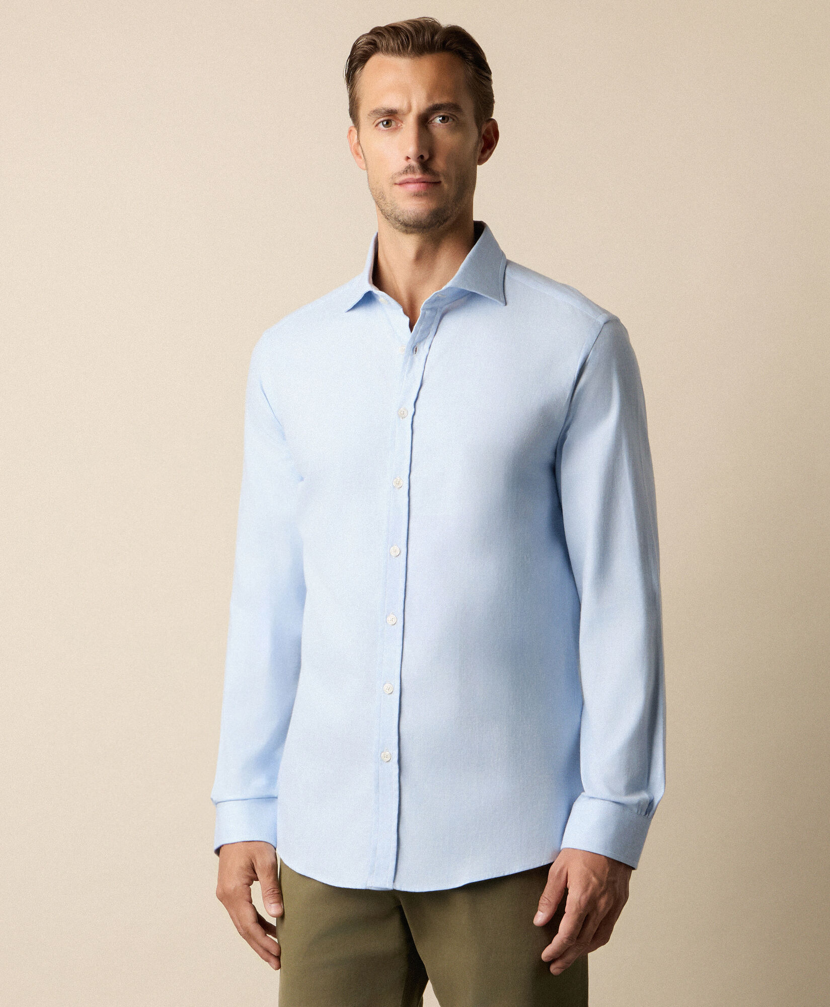 Brooks Brothers Koszula Slim Fit z Melanżowej Flaneli Bawełnianej z Kołnierzykiem Spread Jasnoniebieski CSHSP011COPCO001LTBLP001