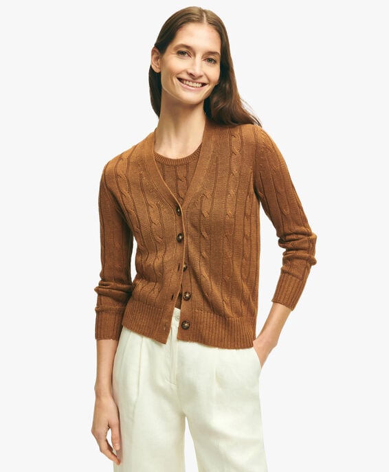 Brooks Brothers Brown Linen Cable Knit Cardigan Brown 1000098438US100207109
