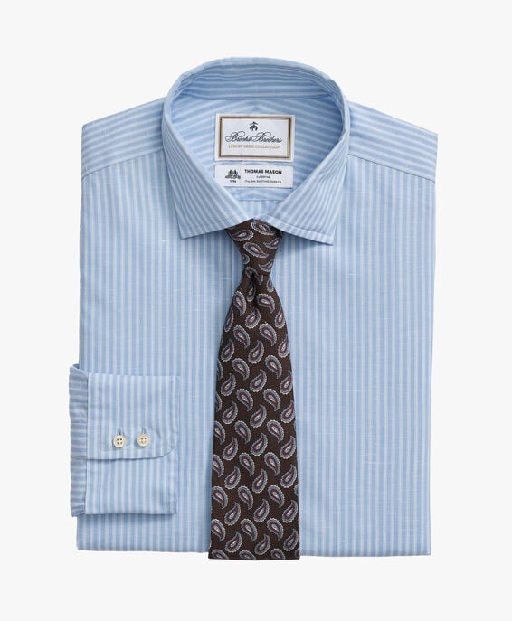 Brooks Brothers Light Blue Striped Regular Fit Cotton Linen Dress Shirt with English Spread Collar Light Blue 1000098527US100208975