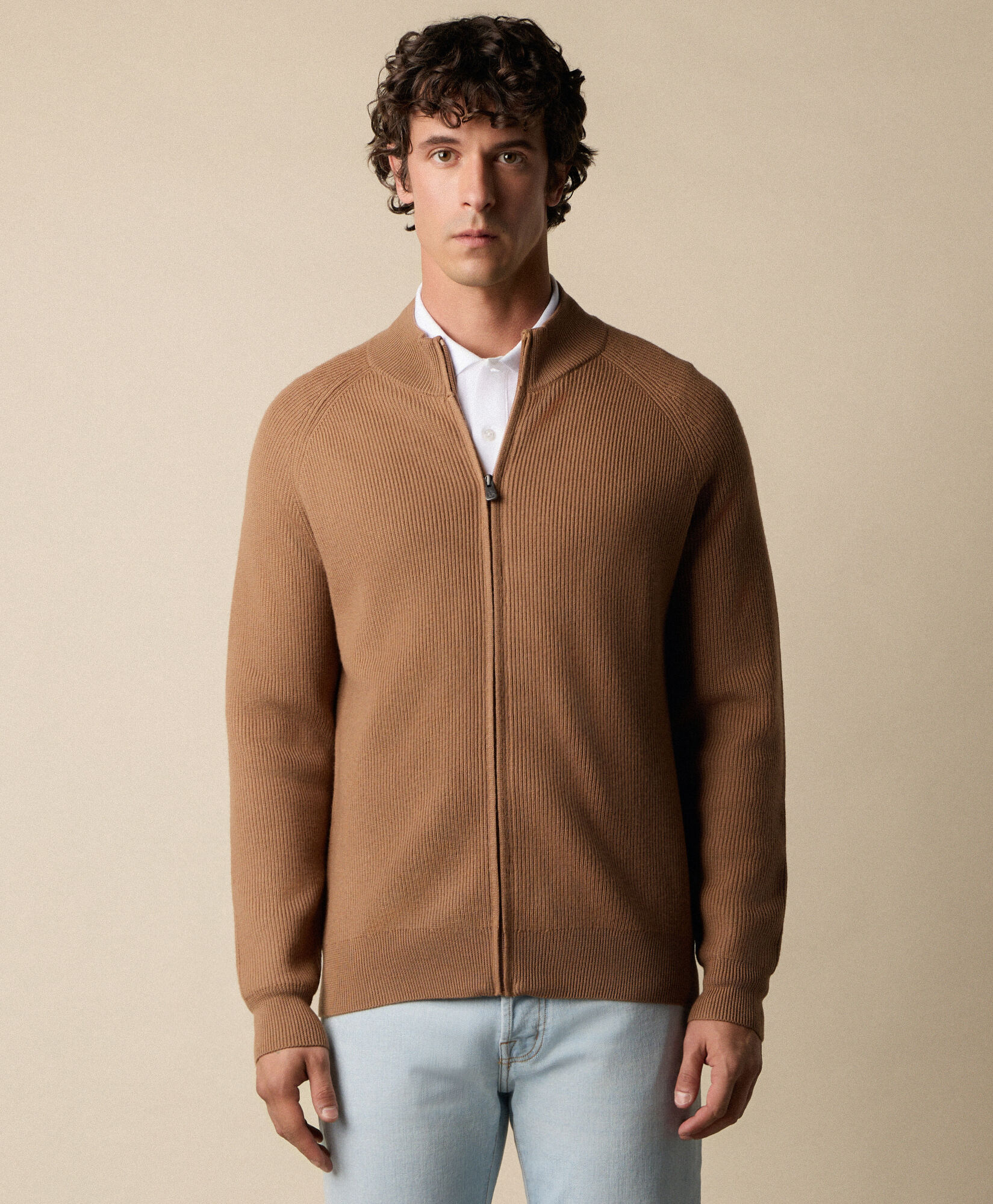 Brooks Brothers Full Zip Merino Wool Sweater Camel KNFLZ010WOPWO002CAMEP001