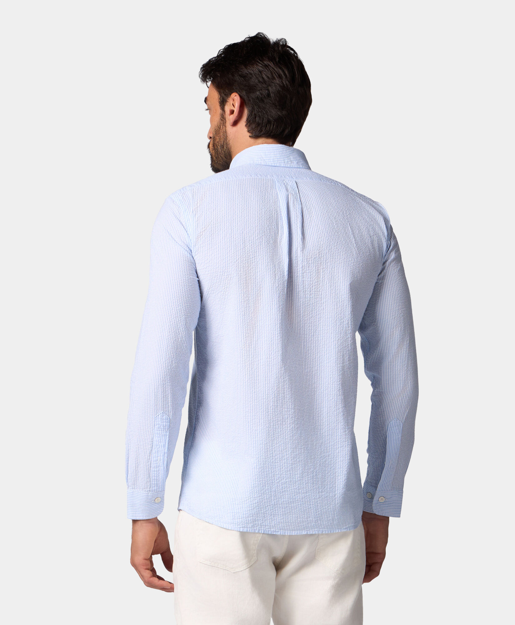 Brooks Brothers Slim Fit Striped Seersucker Button Down Shirt Sky CSHBD013COPCO001SKYF0001