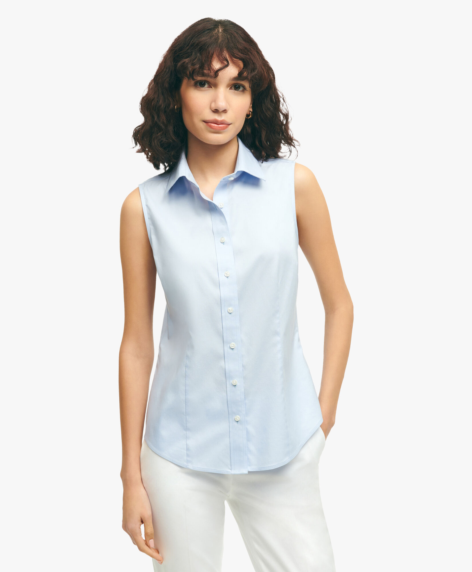 FittedNon IronStretchSupimaCottonSleevelessDressShirt in Blu