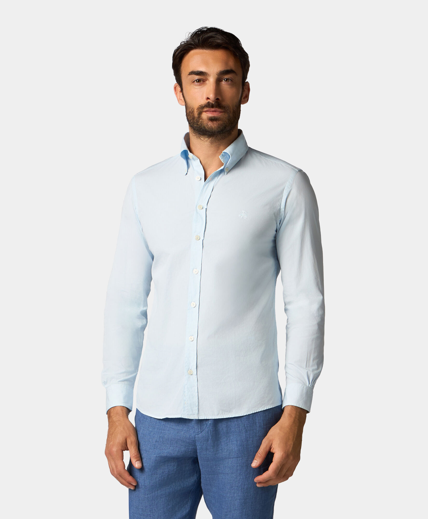 Brooks Brothers Chemise Slim Fit en Coton Teintée à la Garment avec Col Button Down Ciel CSHBD012COPCO001SKYP0001