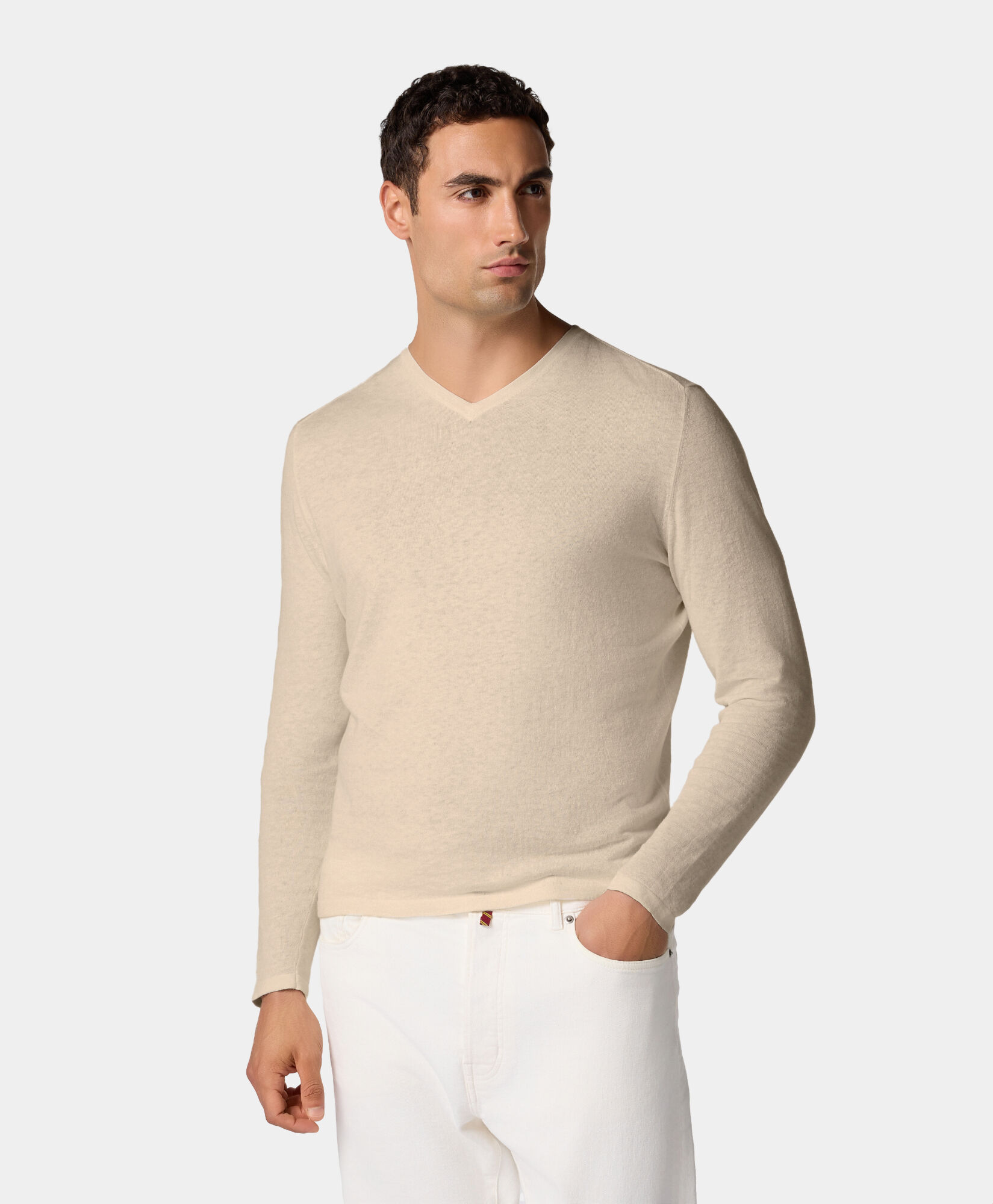 Brooks Brothers Organic Cotton-Linen V-Neck Sweater Sand KNVNK009COBLI004SANDP001