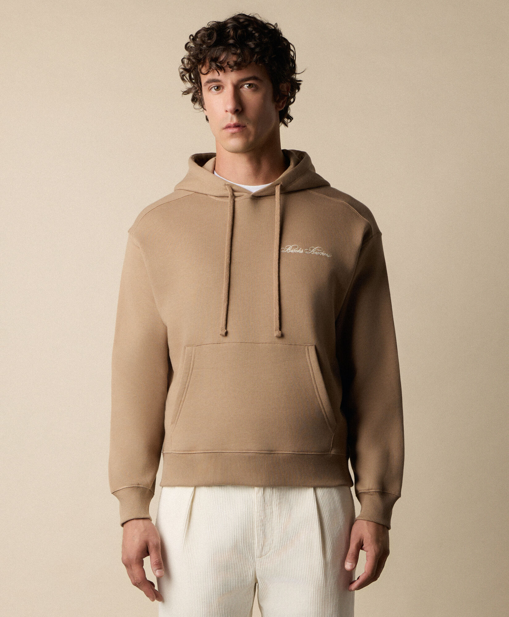 Brooks Brothers Cotton Hoodie with Embroidered Logo Camel SWHOD003COBPL008CAMEP001