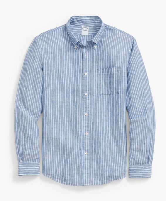 Brooks Brothers Camisa informal para hombre azul y blanca de corte regular en lino a rayas con cuello button down Azul 1000098874US100207852
