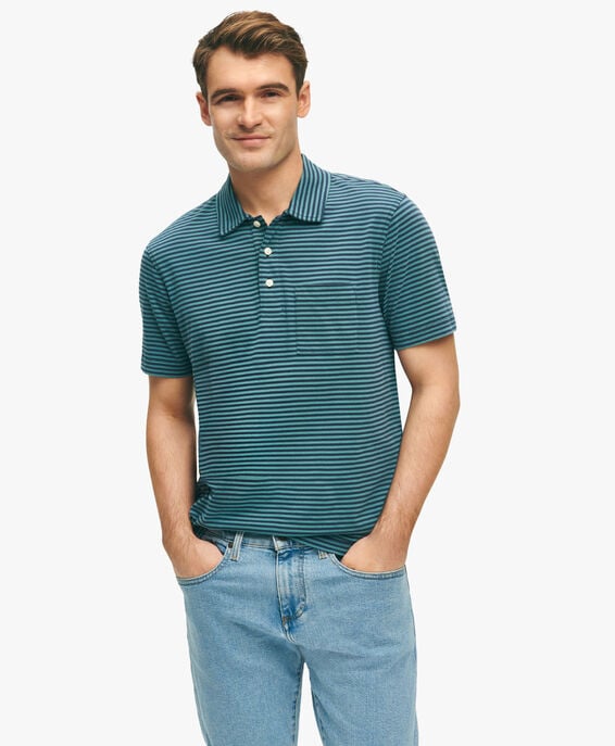 Brooks Brothers Vintage Poloshirt aus gewaschener Baumwolle mit marineblau-grünen Feeder-Streifen Marineblau und Grün 1000093736US100208712