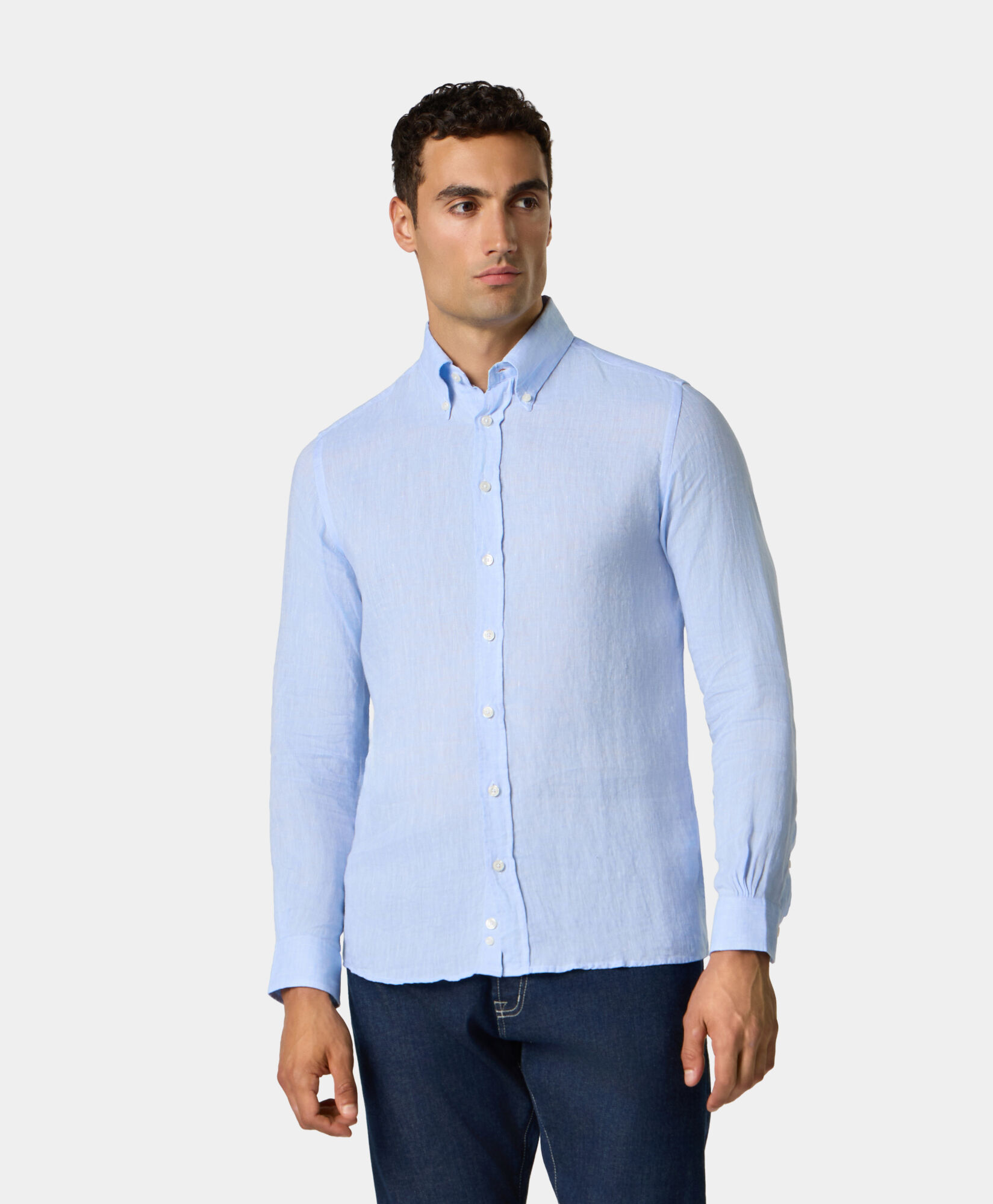 Brooks Brothers Chemise Slim Fit en Lin avec Col Button-Down Bleu Clair CSHBD007LIPLI001LTBLP001