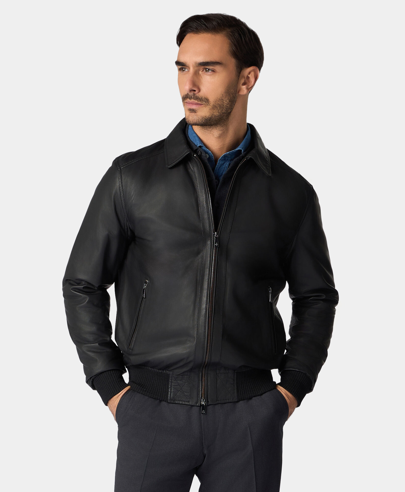 Brooks Brothers Leather Bomber Jacket Black COJKT007LTPLT002BLAKP001