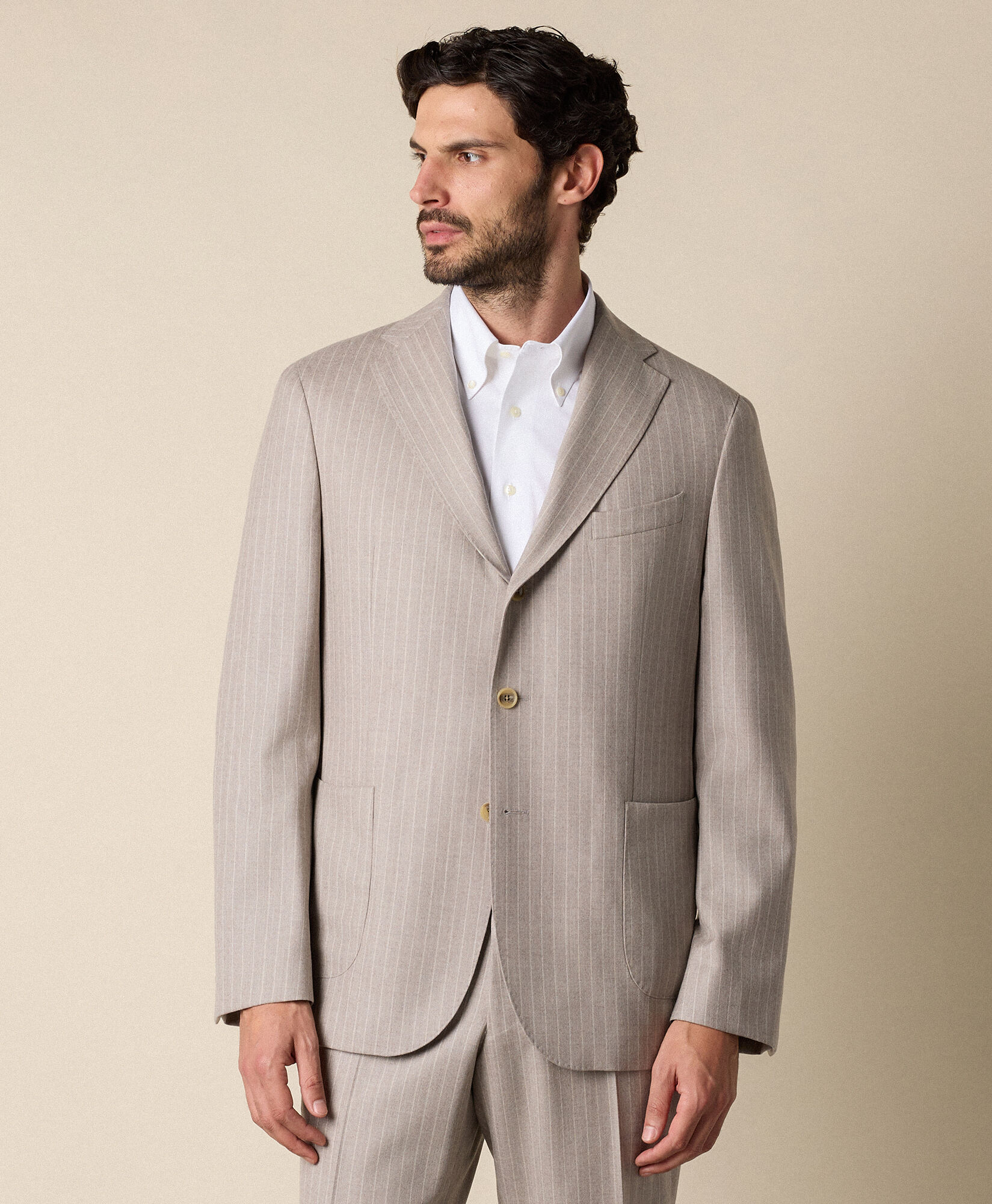 Brooks Brothers Costume en Laine Vierge à Rayures Fines Sable STREG064WVPWV003SANDF001