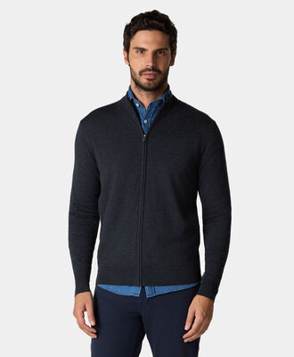Merino Wool Full Zip Sweater in Dark Grey for Men Brooks