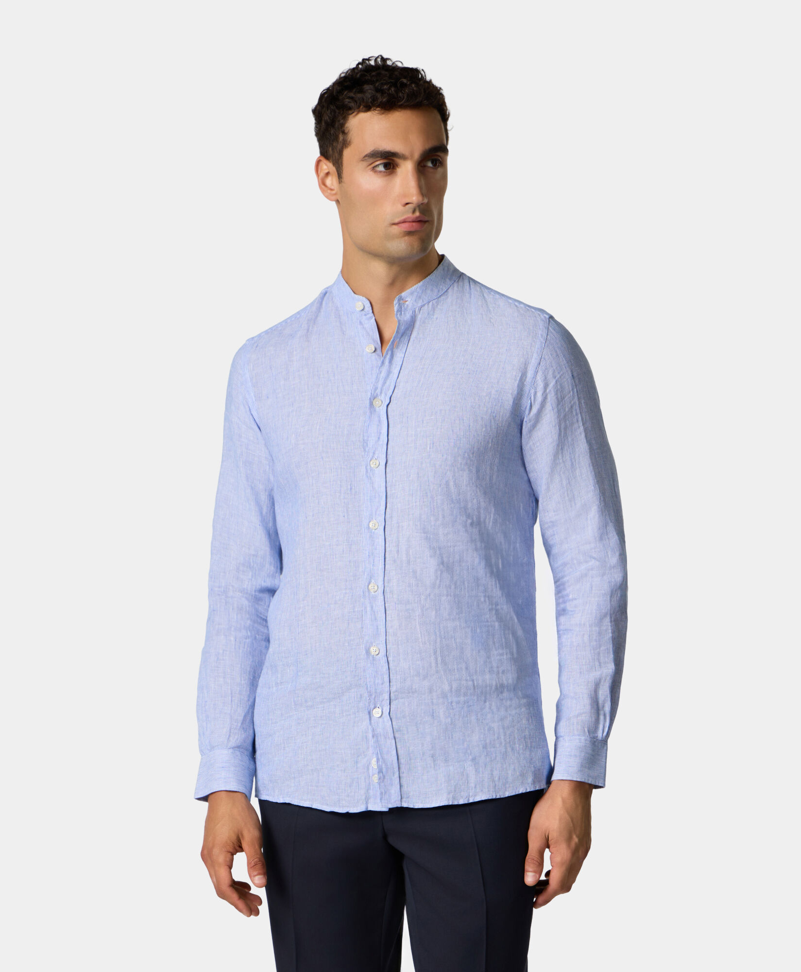 Brooks Brothers Slim Fit Linen Stripes Shirt with Stand Collar Medium Blue CSHSD003LIPLI001MDBLF001