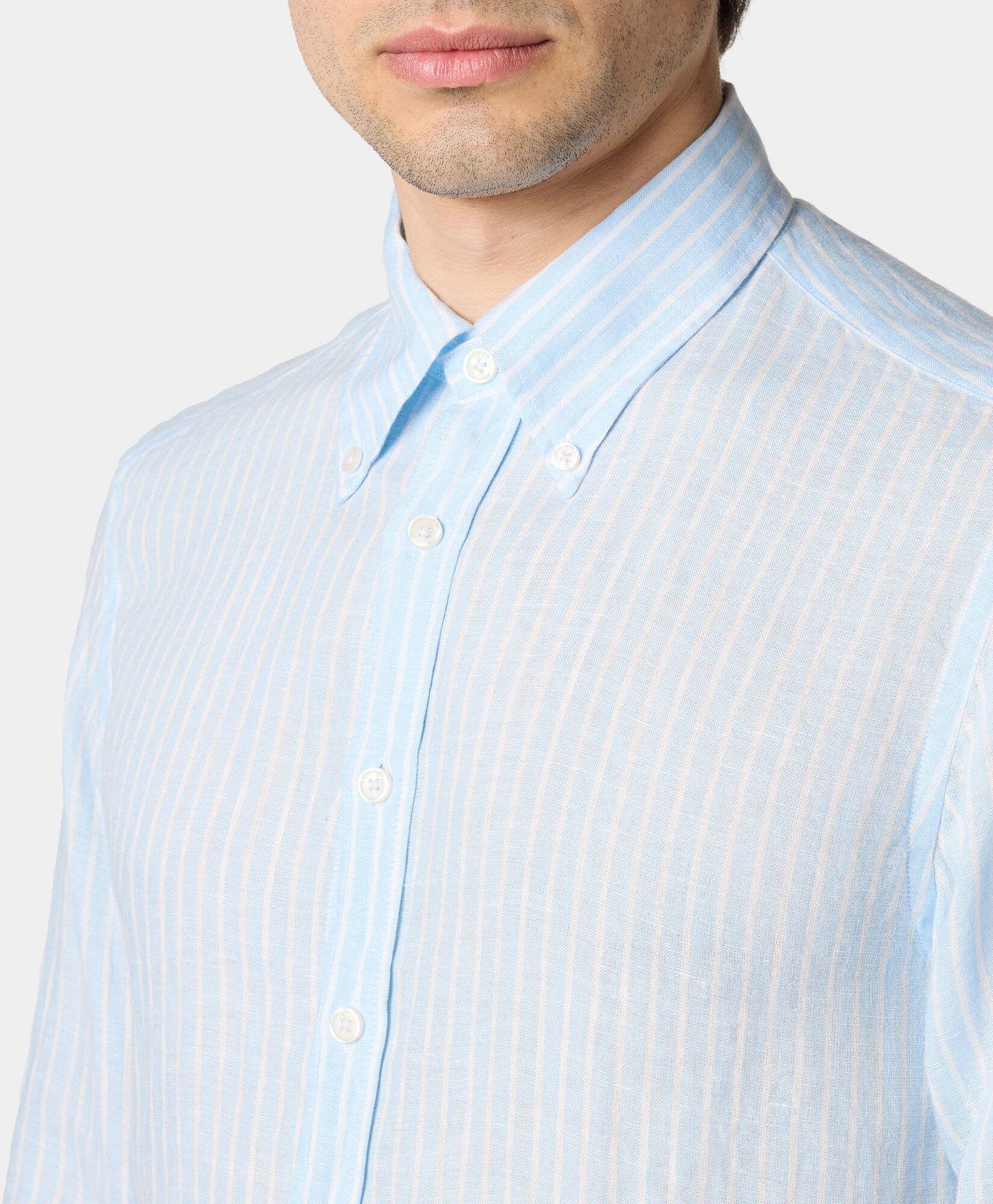 Brooks Brothers Slim Fit Striped Linen Button Down Shirt Sky CSHBD016LIPLI001SKYF0001