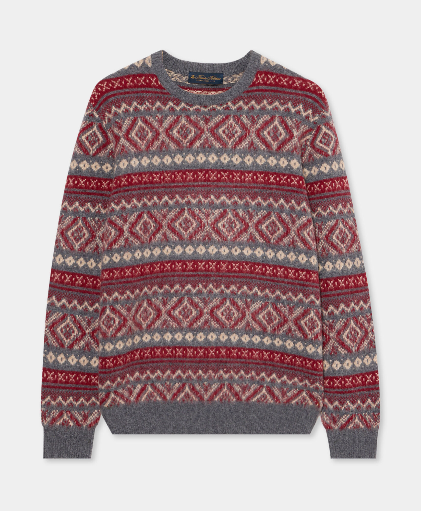 Brooks Brothers Col rond en Laine d'Agneau Jacquard Fair Isle Gris Foncé KNCRN070WOPWO004DKGRF001
