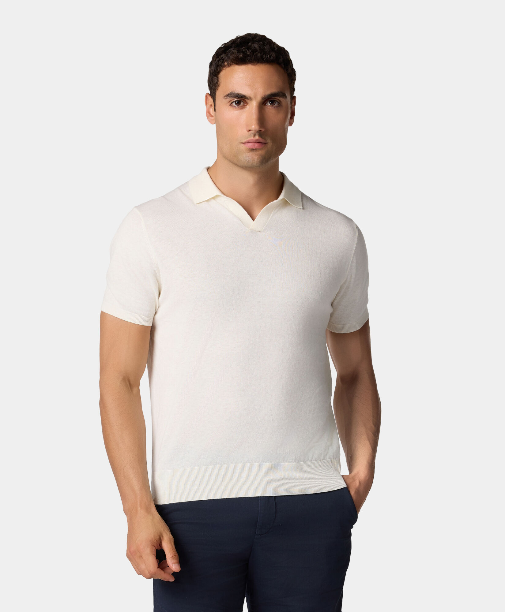 Brooks Brothers Organic Cotton-Linen Knit Polo with Johnny Collar White KNPOL018COBLI004WHITP001