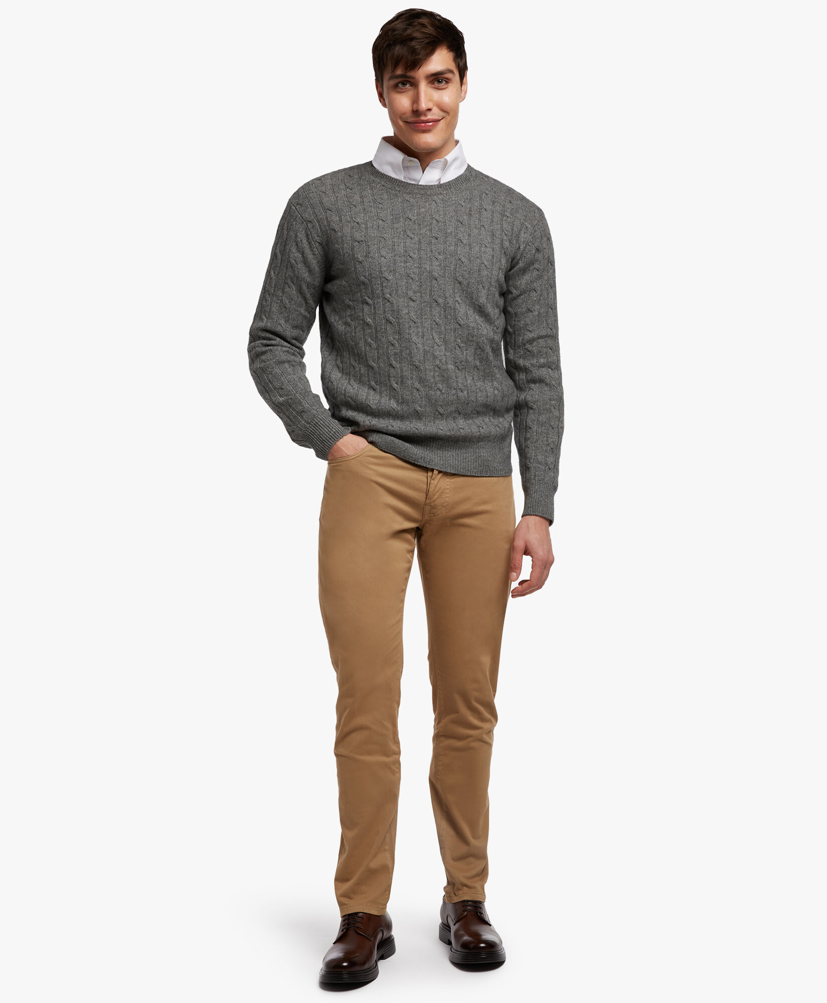 Light Grey Cable Knit Crew Neck Sweater in Light Grey Brooks