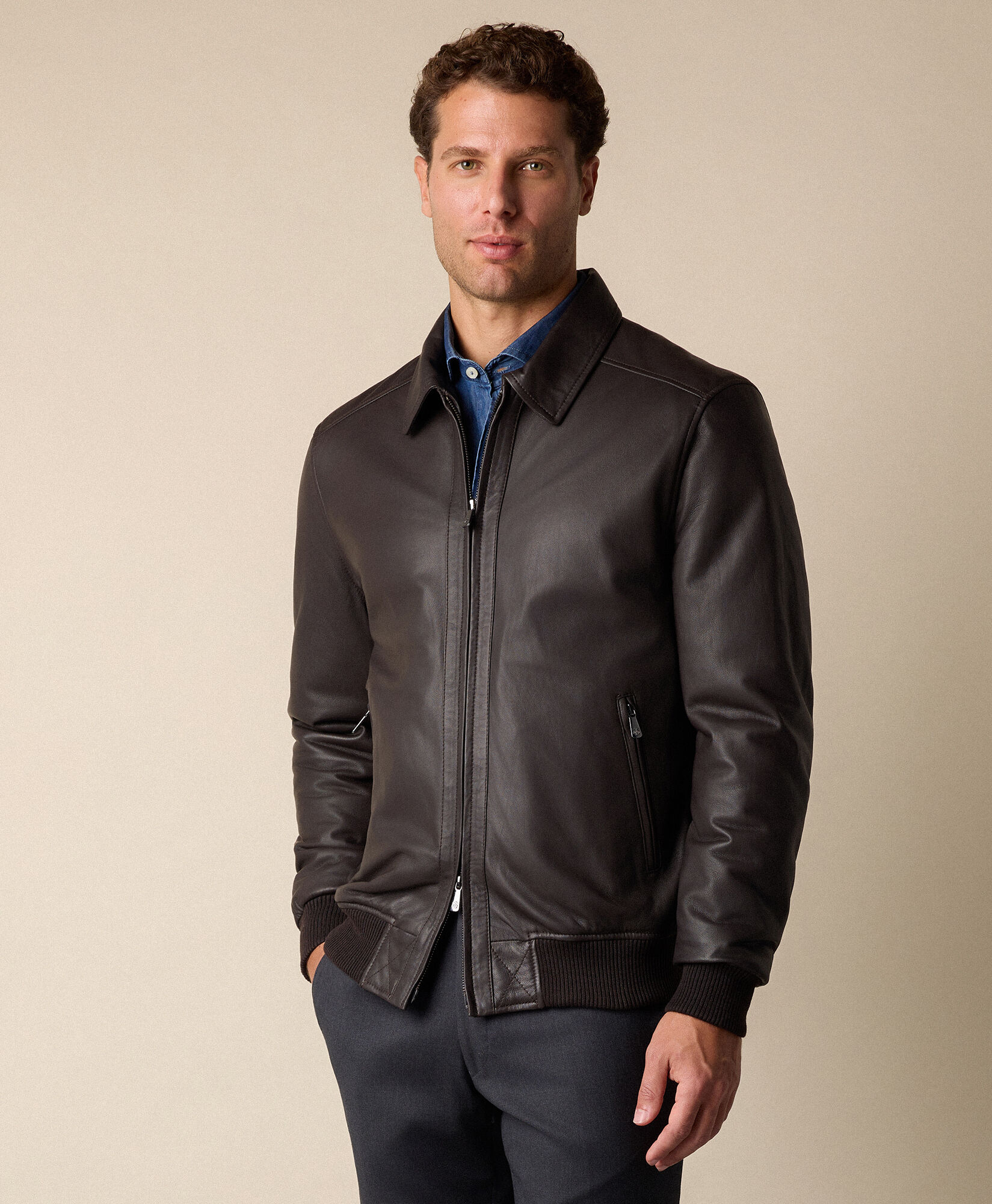 Brooks Brothers Leather Bomber Jacket Dark Brown COJKT020LTPLT002DKBWP001