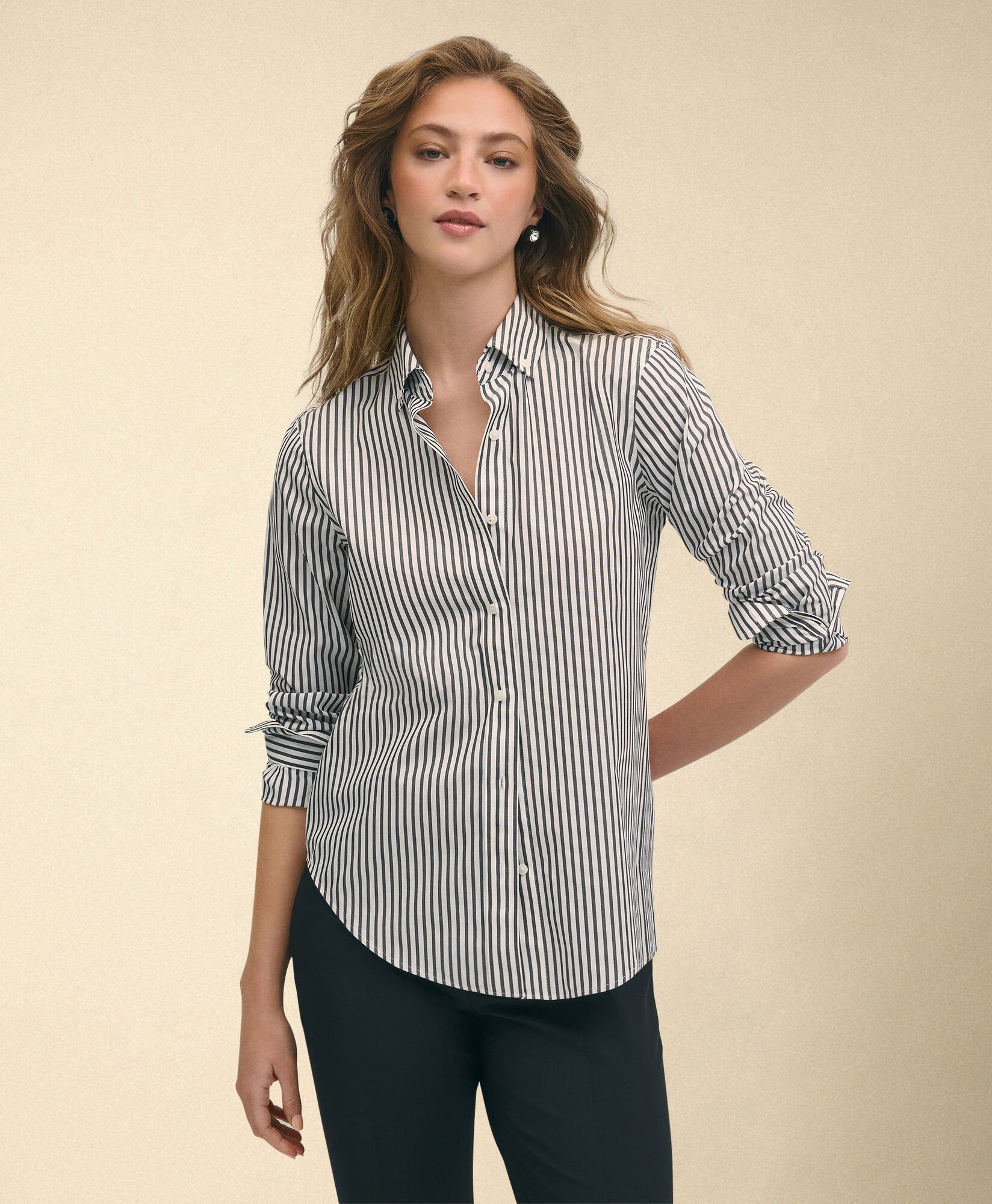 Brooks Brothers Classic Fit Non-Iron Striped Stretch Poplin Supima Shirt with Button Down Collar Black 1000102840US100217297