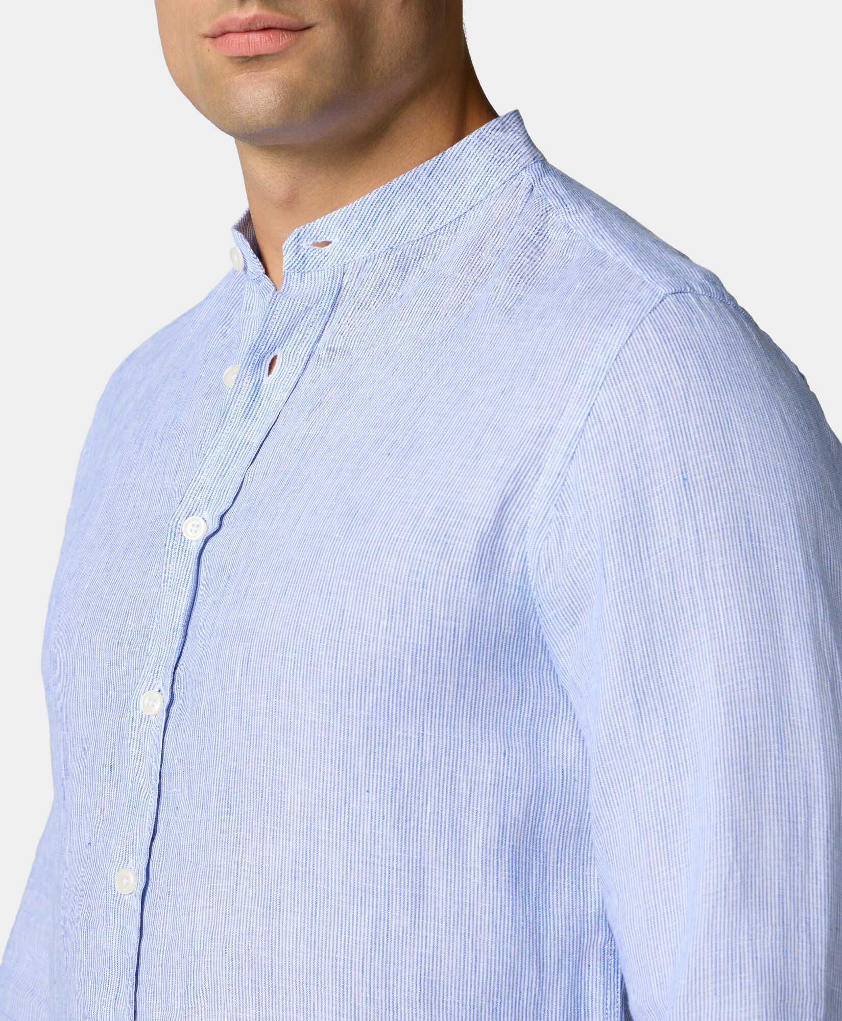 Brooks Brothers Slim Fit Linen Stripes Shirt with Stand Collar Medium Blue CSHSD003LIPLI001MDBLF001