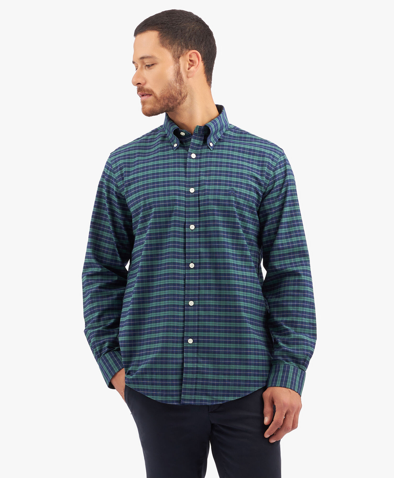 Camicia Regular Fit in cotone elasticizzato verde scuro non iron con colletto button down in Fantasia verde scuro Brooks Brothers EU
